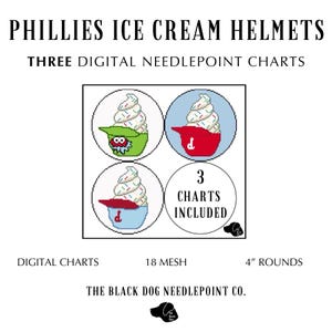 May include: Three digital needlepoint charts for creating ice cream helmet designs. The charts feature a red, white, and blue ice cream cone with a red baseball cap, a green ice cream cone with a green baseball cap, and a blue ice cream cone with a red baseball cap. The charts are 4 inches in diameter and use 18 mesh.