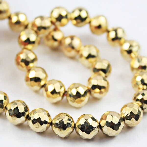 8 Inches - 7mm - Golden Pyrite Faceted Round Cut Ball Beads Strand - JE638