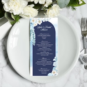 Dusty Blue & White Floral Bridal Shower Menu Template - Elegant Arch Design | Printable Wedding Shower Menu Card
