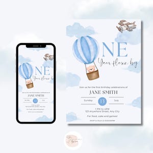 Convite de aniversário de um ano | Modelo editável do Canva | Convite de avião para 1º aniversário | Balão de ar quente | Download digital