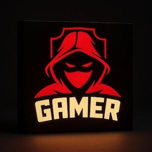 GAMER LED Lightbox - RGB Gaming Room Decor - Hooded Gamer Lamp - Geek Desk Light - Streamer Setup Night Lamp