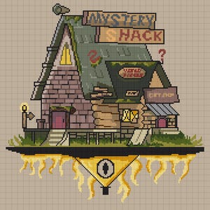 May include: A pixelated cross-stitch design of a green, brown, and grey building with a sign that reads "Mystery Shack". The building is on a platform with a yellow triangle with an eye in the centre and flames underneath.