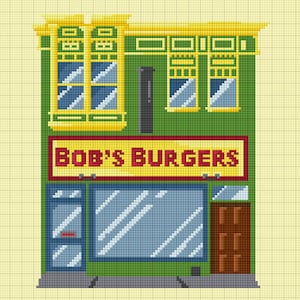 Könnte beinhalten: Eine Pixel-Art-Illustration eines grünen Gebäudes mit einem gelben Schild, auf dem "BOB'S BURGERS" steht. Das Gebäude hat zwei Fenster im Obergeschoss und ein großes Fenster und eine Tür im Erdgeschoss.
