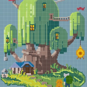 Puede incluir: Un patrón de punto de cruz de pixel art de una casa en el árbol con una casa pequeña, un barco y dos figuras de pie frente a ella. La casa del árbol es verde y marrón, con ventanas y una escalera. La casa es blanca y azul, con una puerta marrón. El barco es rojo y blanco, con una vela amarilla. Las figuras son un perro amarillo y una persona que lleva una camisa azul y pantalones verdes.