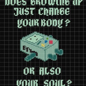 Può includere: Grafica pixel art verde con il testo "Does growing up just change your body? Or also your soul?" e un'immagine pixelata di una console per videogiochi.
