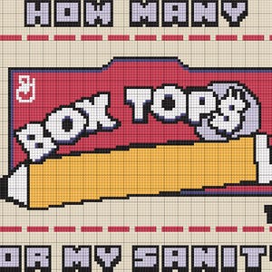 以下が含まれることがあります： 「HOW MANY BOX TOPS FOR MY SANITY？」の文字が入ったレトロスタイルのピクセルグラフィック。大きな黄色の鉛筆、「BOX TOPS」の白い文字、10セントの価格が表示されています。