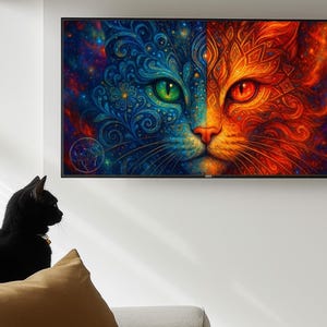 以下が含まれることがあります： 壁に飾られた、猫の顔が二つに分かれた大きな長方形のアートワーク。片側は緑色の目を持つ青色、もう片側は赤色の目を持つオレンジ色。黒い猫がアートワークの前のソファに座っています。