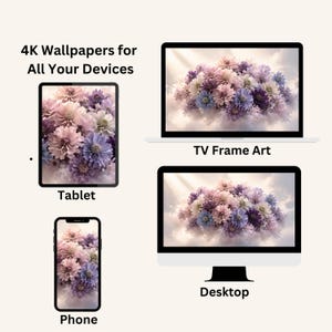 Può includere: Immagine che mostra sfondi 4K per vari dispositivi: un tablet, un telefono, una cornice TV e un desktop. Ogni schermo mostra una composizione floreale nei toni del rosa, viola e bianco. Il testo "4K Wallpapers for All Your Devices" è in alto.