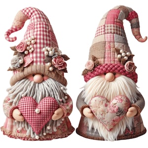 May include: Two decorative gnomes with long white beards and rosy cheeks. They wear patchwork hats adorned with flowers and pearls. Each gnome holds a heart-shaped pillow, one with a red and white checkered pattern and the other with a floral design.