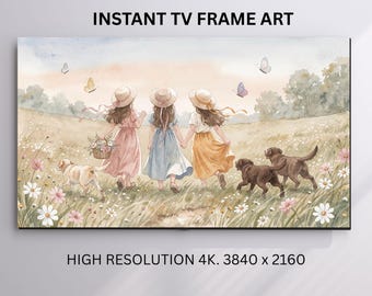 Marco de TV con flores silvestres, escena infantil de niñas en tonos pastel para Samsung Frame TV