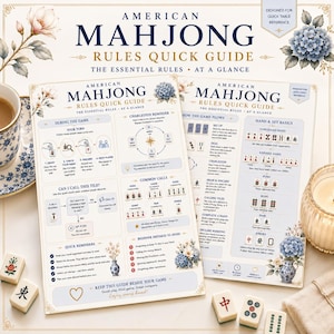 Mahjong Cheat Sheet Printable, American Mahjong Rules Quick Reference, 2 Page Beginner Guide, Instant PDF Download