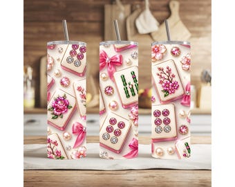 Immagine PNG di un bicchiere termico sottile da 20 once, immagine PNG di un bicchiere termico Mahjong floreale rosa sublimazione PNG, design di tessere Mahjong Coquette, download digitale di un fiocco floreale rosa