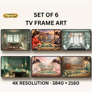 Puede incluir: Conjunto de 6 impresiones artísticas para marcos de TV. Cada impresión muestra a mujeres jugando al mahjong en diferentes entornos. Las escenas incluyen interiores y paisajes. Las impresiones tienen una resolución 4K, con dimensiones de 3840 x 2160 píxeles.