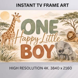 Può includere: Illustrazione ad acquerello per il primo compleanno di un bambino. L'opera presenta una giraffa, un leone, una zebra ed elefanti in un ambiente di savana. Il testo recita "ONE Happy Little BOY". Immagine ad alta risoluzione 4K.