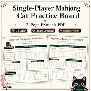 Könnte beinhalten: Ein zweiseitiges, druckbares PDF mit dem Titel Single-Player Mahjong Cat Practice Board. Das Dokument enthält Bereiche für Charleston-Übungen, Kachelplatzierung und Handaufbau, verziert mit einer schwarzen Katze und rosa Blumen.