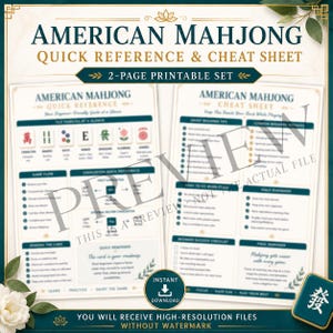 American Mahjong Table Guide | Cheat Sheet PDF Download, Quick Reference Printable Mahjong Learning Resource, Tile-by-Tile Quick Start