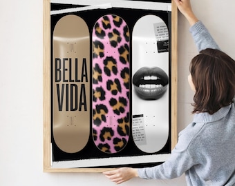 Skateboard muurkunst luipaardprint | Trendy Y2K-galerijdecor voor slaapzalen en appartementen | Modeposter met dierenprint, modern statementstuk