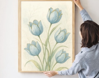 Blue & Green Tulip Print: Coastal Grandmillennial Chinoiserie (Digital Download
