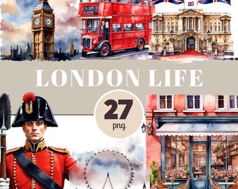 Watercolor London Clipart Bundle – UK Landmarks, British Icons (PNG)