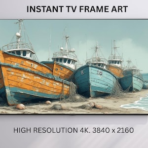 Houten boten tv-lijst kunst | Geschikt voor tv-frame | Decor kust oceaanzicht | Havenlandschap voor woonkamer of strandhuis, 4K-display