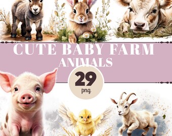 Watercolor Baby Farm Animals Clipart, Nursery Decor (PNG Bundle)