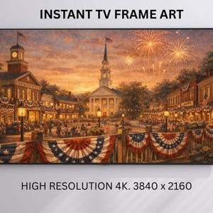 Puede incluir: Obra de arte digital que representa una plaza de la ciudad festiva con fuegos artificiales. Los edificios están adornados con banderas y guirnaldas rojas, blancas y azules. Se muestra el texto "INSTANT TV FRAME ART" y "HIGH RESOLUTION 4K. 3840 x 2160".