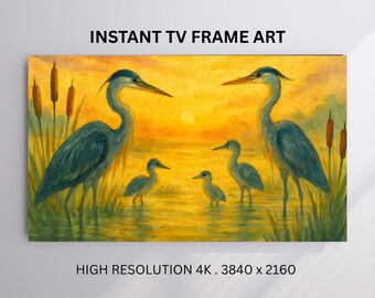 Cornice con paesaggio costiero di Heron, arte televisiva: dipinto naturalistico vintage (download digitale)