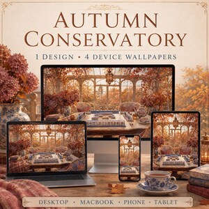 May include: A digital product set titled AUTUMN CONSERVATORY featuring 1 design for 4 device wallpapers. The image displays a computer monitor, a laptop, a tablet, and a smartphone, all showing a scene of a sunlit conservatory with autumn foliage.
