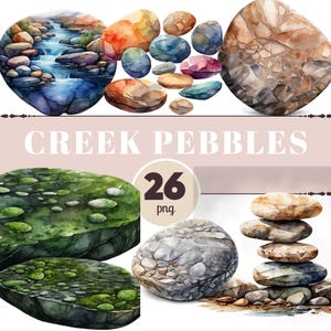 May include: Watercolor illustration of creek pebbles in various shapes and colors, including blue, orange, and brown. The image includes the text "CREEK PEBBLES" and a circle with the number "26" and the letters "png".