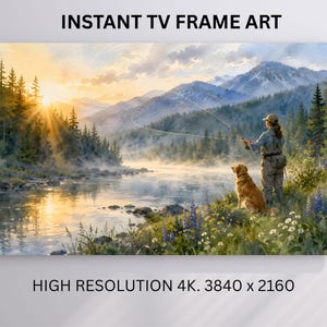 以下が含まれることがあります： INSTANT TV FRAME ART, HIGH RESOLUTION 4K. 3840 x 2160と題されたデジタルアート。日の出の山々、松の木、野花に囲まれた川で、ゴールデンレトリバーのような犬と一緒にフライフィッシングをする人物が描かれた風景画。