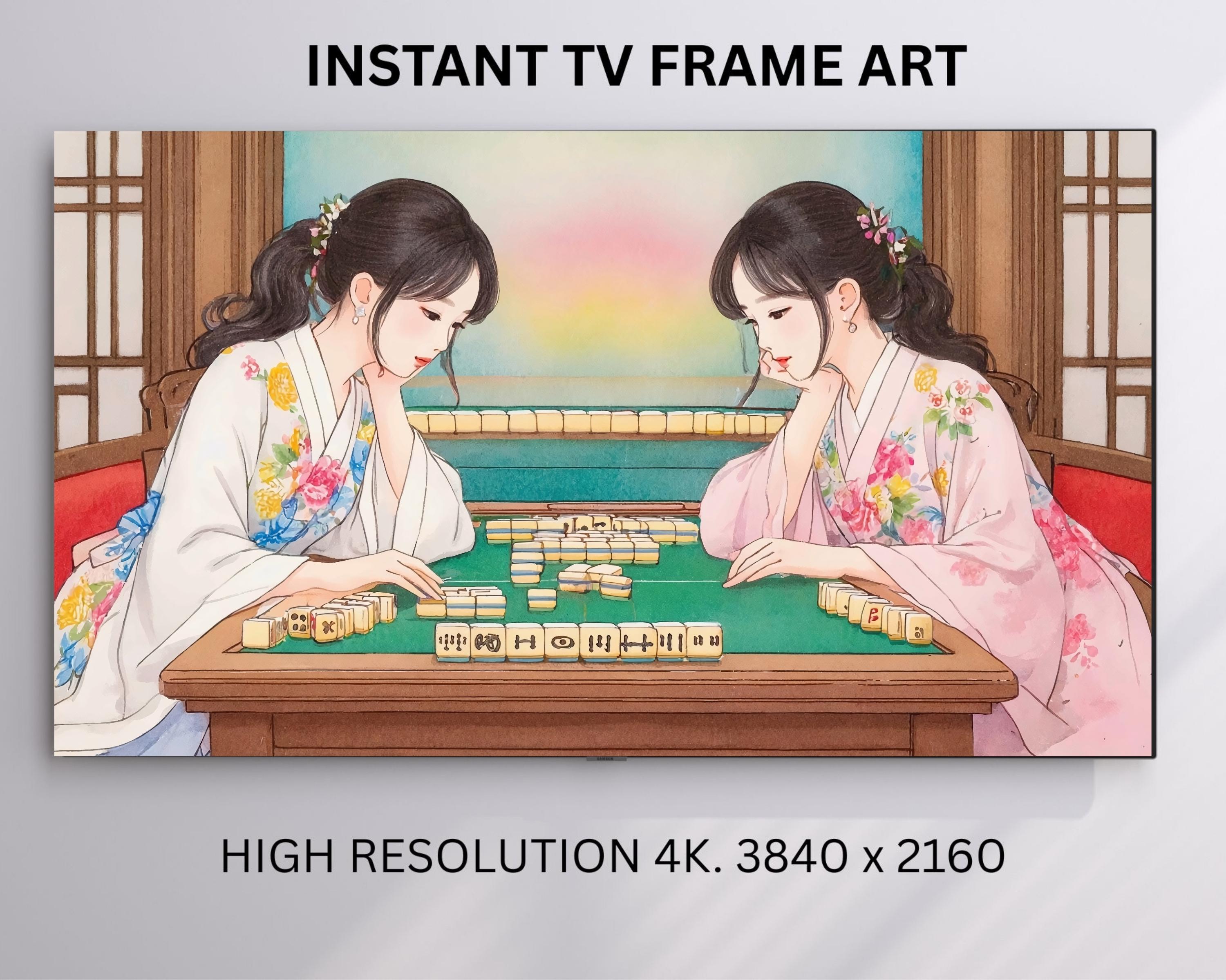 Mahjong TV Frame Art – Asian Women, Floral Kimonos (digital