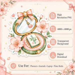 Peut inclure: Une illustration numérique d'un poudrier ouvert vert et doré contenant une tuile de mah-jong avec un motif de bambou. Le poudrier est entouré de fleurs de cerisier roses, de perles et d'un nœud rose. Le texte indique High Resolution PNG, 4000 x 4000 px, Transparent Background, Digital Download, et Use For: Planners, Journals, Laptop, Water Bottle.