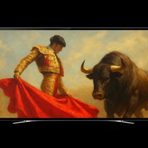 May include: A painting of a bullfight scene displayed on a television screen. A matador in a gold and red suit holds a red cape, facing a large brown bull with curved horns. The background is a cloudy sky.