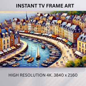 Puede incluir: Una pintura de acuarela de un pueblo costero europeo con edificios coloridos que bordean un canal lleno de botes. La imagen tiene el texto "INSTANT TV FRAME ART" y "HIGH RESOLUTION 4K. 3840 x 2160".