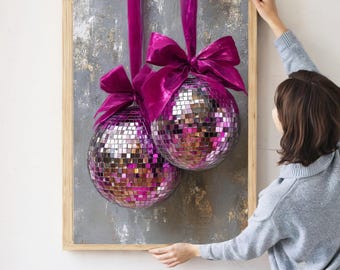 Hand Drawn Disco Ball Printable Wall Art, Modern Pink Girly Aesthetic Home Decor, Retro Trendy Dorm Painting Poster, Digital Download