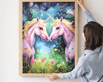 Unicorn Watercolor Print: Fantasy Wildflower Meadow Nursery Art (Digital Download)