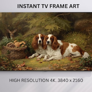 TV Frame Art Hunting Spaniel Dog in Forest.Hunting Cottagecore Forest Scene 4K Digital Download