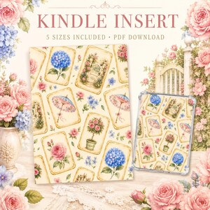 May include: A digital Kindle insert design featuring a repeating pattern of vintage-style illustrations including blue hydrangeas, pink roses, garden gates, and parasols on a cream background, with the text KINDLE INSERT 5 SIZES INCLUDED.