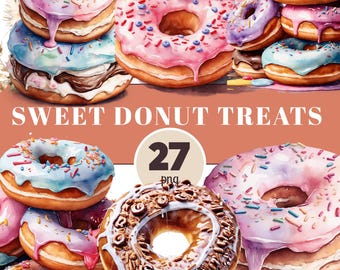 Donuts und süße Leckereien PNG Bundle, süßes Dessert Clipart, Aquarell Donut PNGs, Gebäck Leckereien PNG, Bäckerei Clip Art, Kawaii Donuts PNG Set