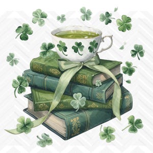 May include: A watercolor illustration features a stack of green books tied with a green ribbon, topped with a teacup filled with green liquid. The teacup is decorated with shamrocks, and shamrocks are scattered around the books.