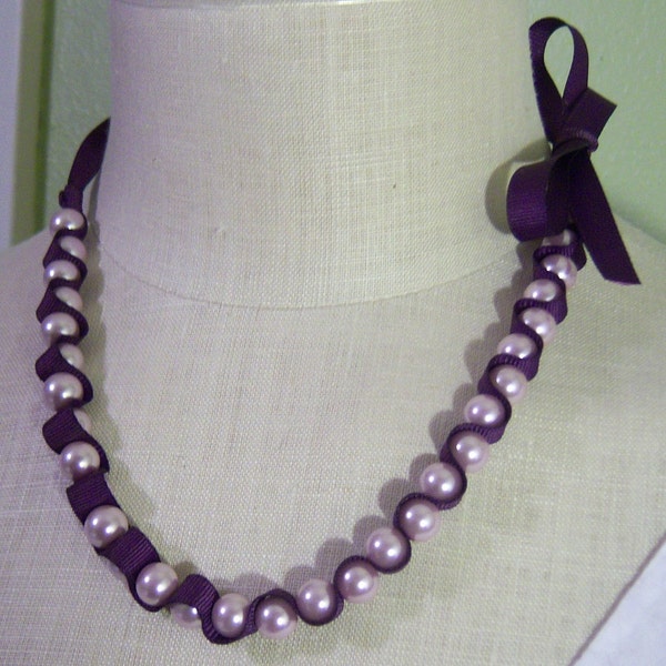 Purple glass pearl and ribbon necklace