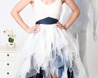 SALE. Alternative ivory dark blue wedding dress. UK 10