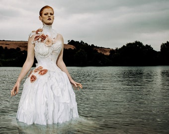 Sale Ex display. UK 8-10 Alternative wedding corset and neck brace- boho lace wedding dress- with flower detail.