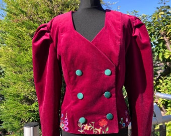 Alternative jacket- ladies red recycled velvet jacket with flower embroidery. UK size 16