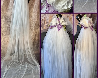 Ivory white veil with ivory fabric flowers and purple accents