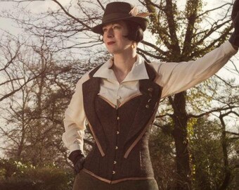 Tweed corset. Steampunk corset- ladies recycled tweed waistcoat- Recycled tweed- Doctor Who- costume- cosplay- Made to Measure