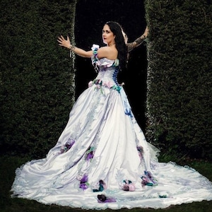 Alternative wedding dress. Light purple/ silver wedding dress- prom dress- with handmade fabric flowers- recycled