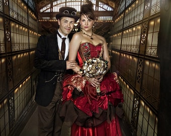 Steampunk wedding dress- red wedding dress- alternative wedding dress- UK 8-10