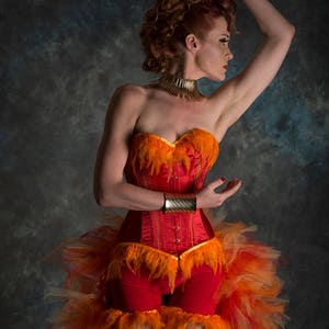Phoenix costume cosplay corset and shorts with feathers- fancy dress, Halloween. Made to measure