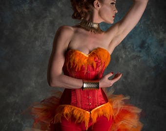 Phoenix costume- phoenix corset and shorts- cosplay with feathers- fancy dress, Halloween. Made to measure